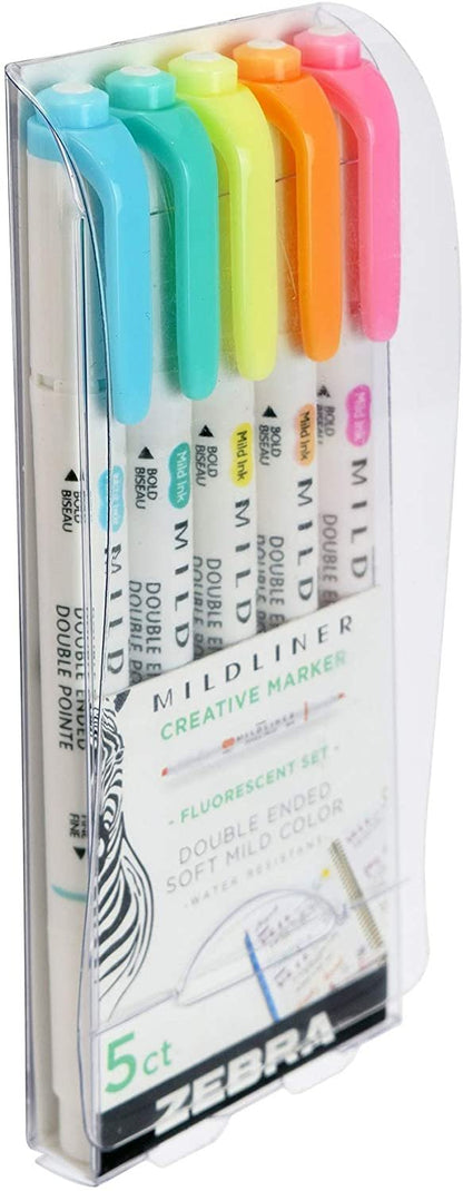 Zebra Pen Mildliner Double Ended Highlighter Set Broad and Fine Point Tips, 5 Pack