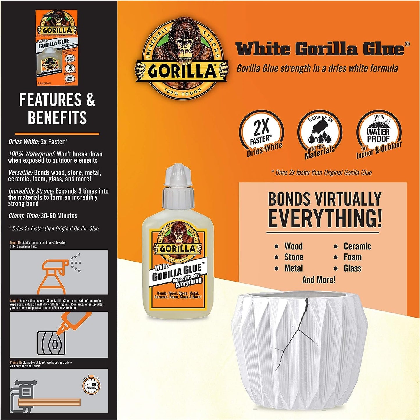 Gorilla White Gorilla Glue, Waterproof Polyurethane Glue, 2 Ounce Bottle, White, (Pack of 1)