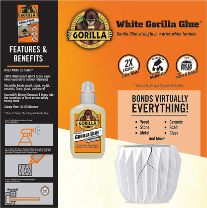 Gorilla White Gorilla Glue, Waterproof Polyurethane Glue, 2 Ounce Bottle, White, (Pack of 1)
