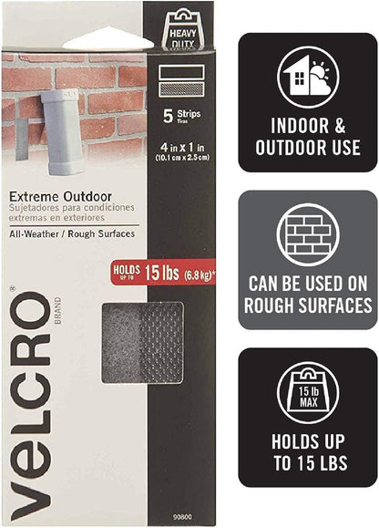 VELCRO Brand Industrial Fasteners Extreme Outdoor Weather Conditions Professional Grade Heavy Duty Strength Holds up to 15 lbs on Rough Surfaces, 4in x 1in (5pk), Strips, Gray