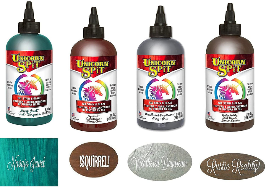 Unicorn SPiT Gel Stain and Paint New Color Complete Fall 2017 Collection - Squirrel, Navajo Jewel, Weathered Daydream and Rustic Reality 8 oz Bottles