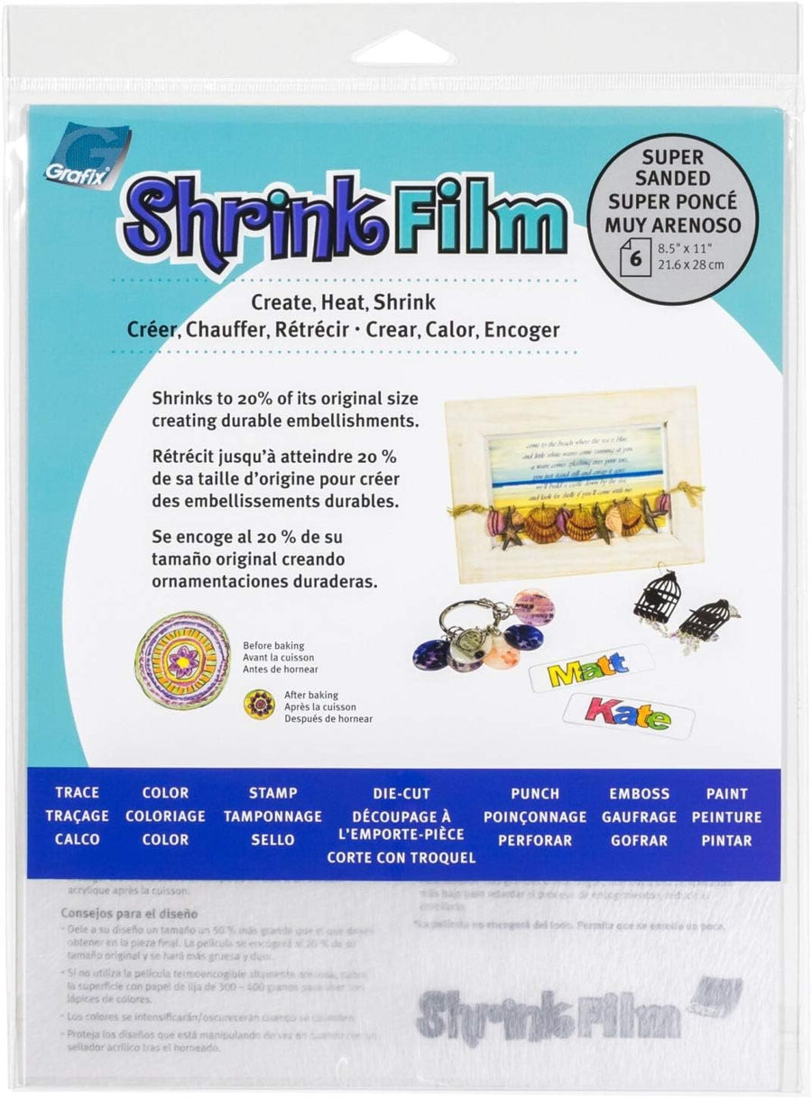 Grafix Film Assorted, 8.5 x 11”, Pack of 6, Opaque Sheets, Design Your Art and Shrink It to Create Jewelry, Embellishments, Paper, 6 Fl Oz