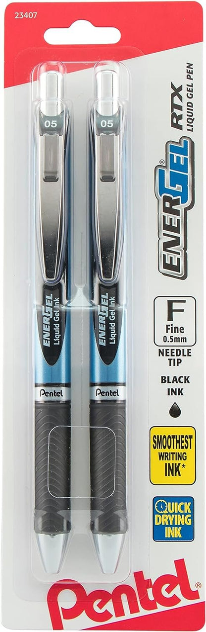 Pentel Gel Ink Pen, EnerGel RTX Retractable Gel Pen, 0.5mm, Needle Tip, Black Ink, 2 Pack (BLN75BP2A)
