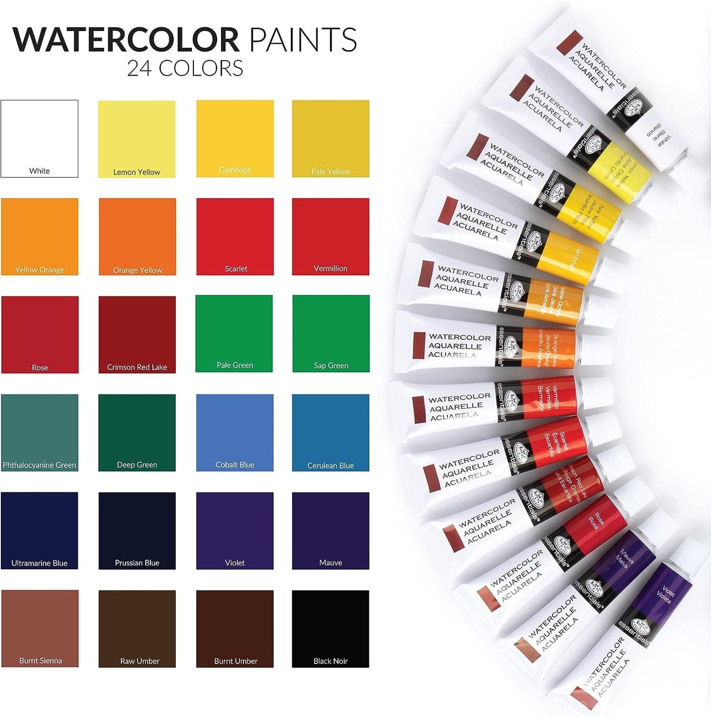 Royal & Langnickel WAT24 Watercolor Artist Tube Paint, 12ml, Pack of 24 colors