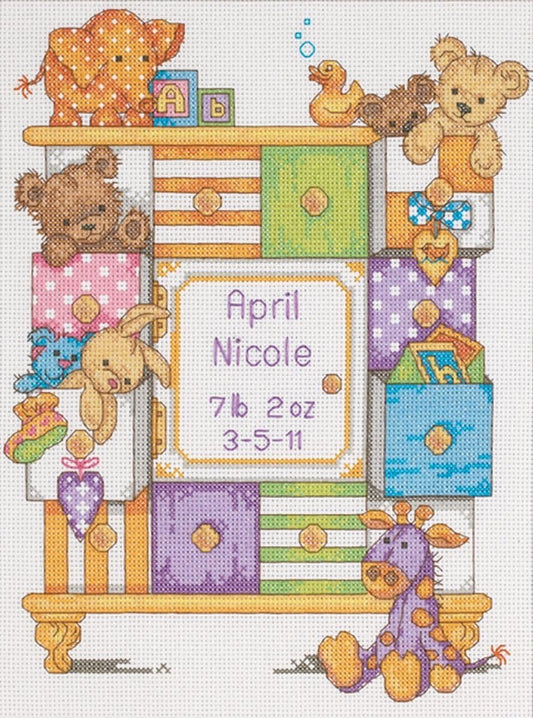 Dimensions Counted Cross Stitch Kit Baby Drawers Birth Record Personalized Baby Gift, 14 Count White Aida, 9" x 12"