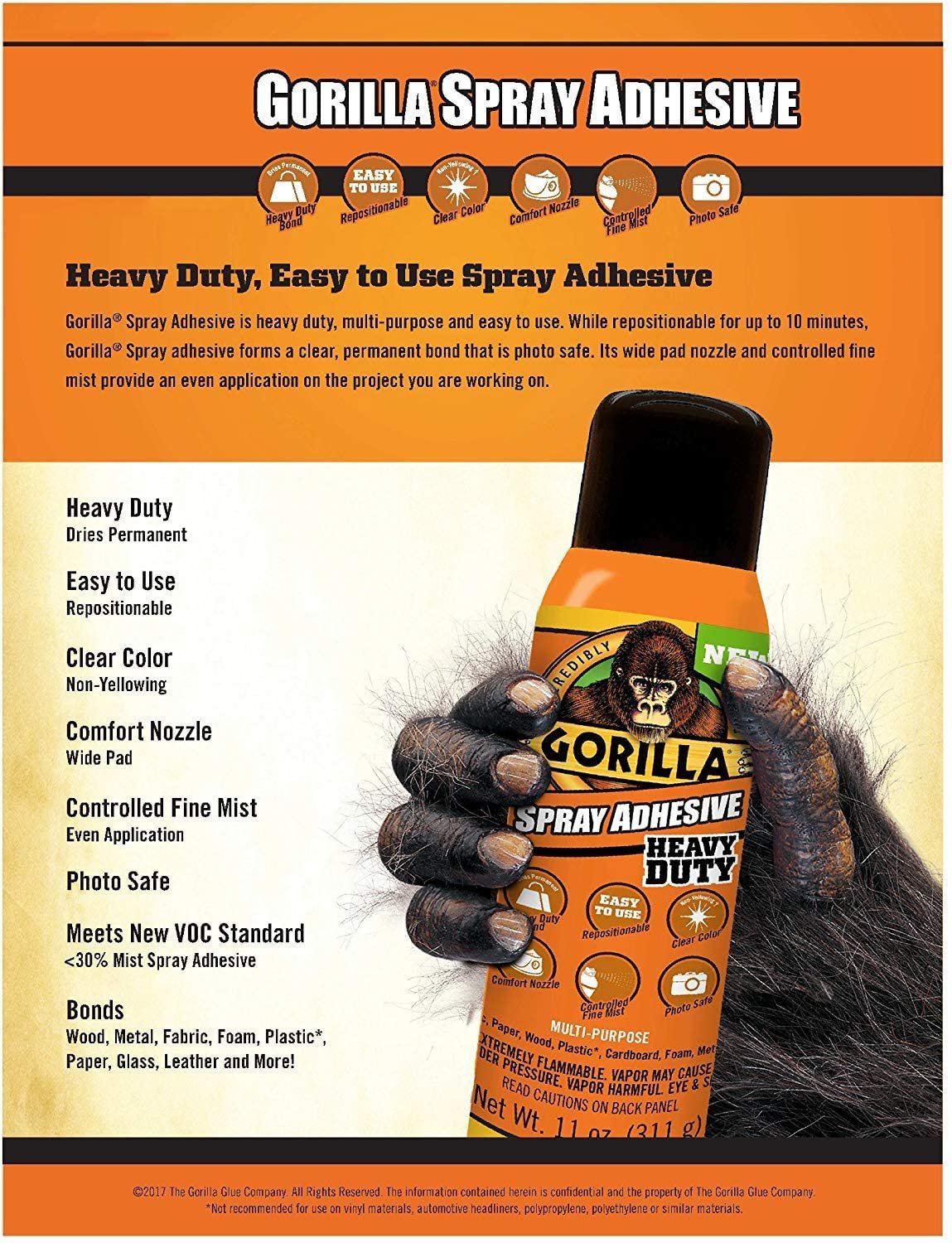 Gorilla Heavy Duty Spray Adhesive, Multipurpose and Repositionable, 11 ounce, Clear, (Pack of 2)