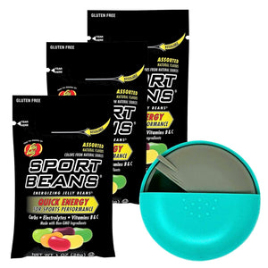 Jelly Belly Sports Beans (3 pack of 1oz bags) with Mini Candy Dispenser (7.5cm x 2.5cm) - Energy Jelly Beans for Sports and Small Travel Case for Athletes, Runners, Travel, Desktop, etc.