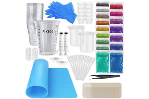 Pixiss Epoxy Resin Mixing Kit Supplies, 15 Resin Tinting Mica Powder Pigments, for Soap Making Kit, Slime Supplies, Resin Jewelry, Casting Resin, Epoxy Mixing Cups Sticks, Silicone Cups and More