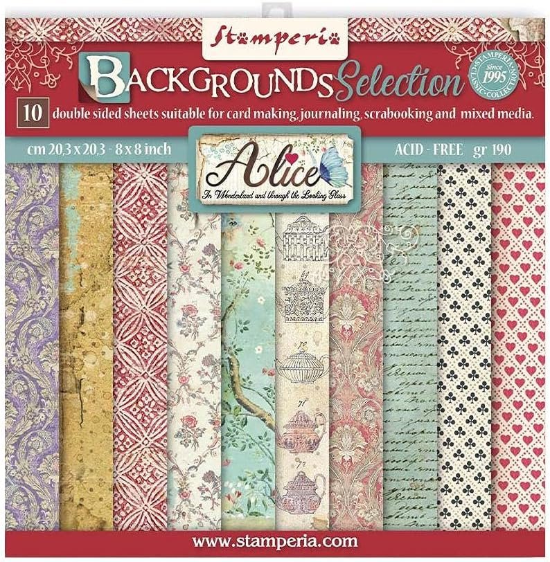 Stamperia International Alice Through The Looking Glass - 8 x 8 Decorative Paper Pad, Backgrounds & Cards - 3 Items
