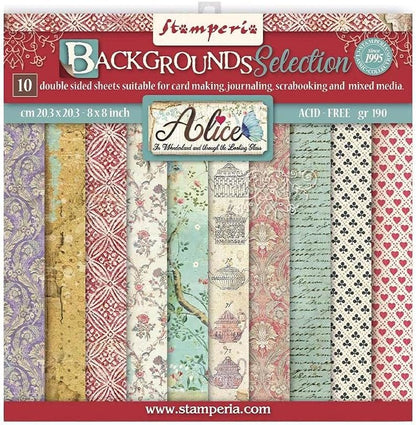Stamperia International Alice Through The Looking Glass - 8 x 8 Decorative Paper Pad, Backgrounds & Cards - 3 Items