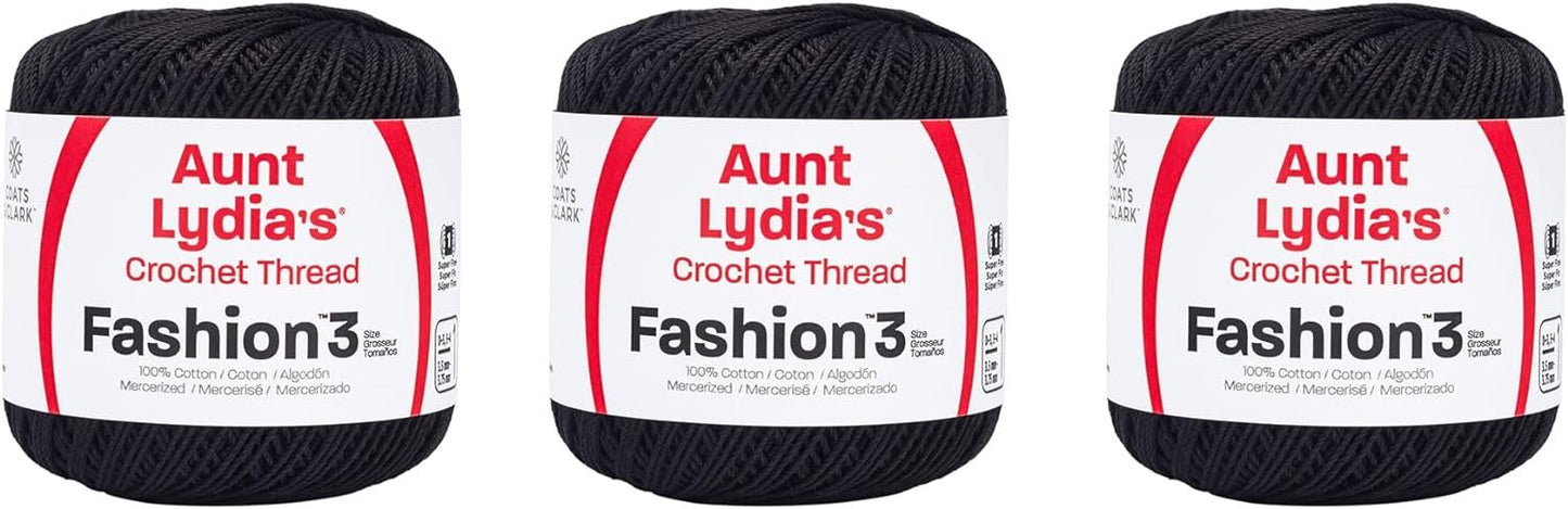Aunt Lydia Fashion Black Crochet - 3 Pack of 150y/137m - Cotton - Gauge 3 - Crochet