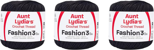Aunt Lydia Fashion Black Crochet - 3 Pack of 150y/137m - Cotton - Gauge 3 - Crochet