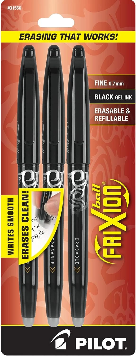 Pilot, FriXion Ball Erasable & Refillable Gel Ink Pens, Fine Point 0.7 mm, Pack of 3, Black