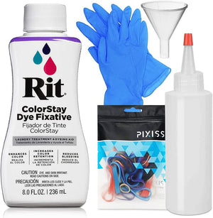 Rit Dye ColorStay Dye Fixative 8oz, Pixiss Tie Dye Accessories Bundle with Rubber Bands, Gloves, Funnel and Squeeze Bottle