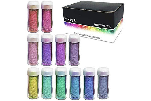 Pixiss Glitter 12 Assorted Colors 0.25oz/7g Each with Shaker Tops for Easy Pouring and Use