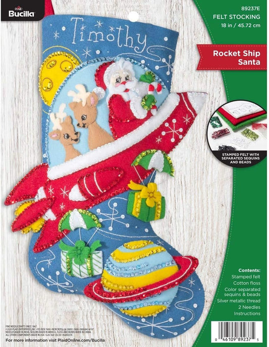 Bucilla 89237E Felt Applique Christmas Stocking Kit, Rocket Ship Santa, 18"