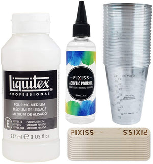 Liquitex Professional Pouring Effects Medium, Pixiss Acrylic Pouring Silicone Oil, Clear Plastic Cups, Paint Mixing Sticks Pouring Supplies