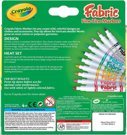 Crayola Fabric Markers, At Home Crafts for Kids, Fine Tip, Assorted Colors, Set of 10