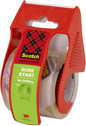 Scotch Sure Start Shipping Packaging Tape, 1.88"x 22.2 yd, Designed for Packing, Shipping and Mailing, Quiet Unwind, No Splitting or Tearing, 1.5" Core, Clear, 1 Dispensered Roll (145)