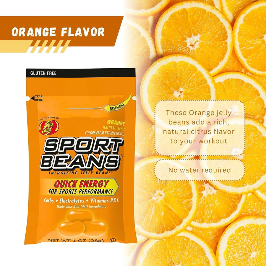 Jelly Belly Sports Beans Orange Flavor (3 pack of 1oz bags) with Mini Candy Dispenser (7.5cm x 2.5cm) - Energy Jelly Beans for Sports and Small Travel Case for Athletes, Runners, Travel, Desktop, etc