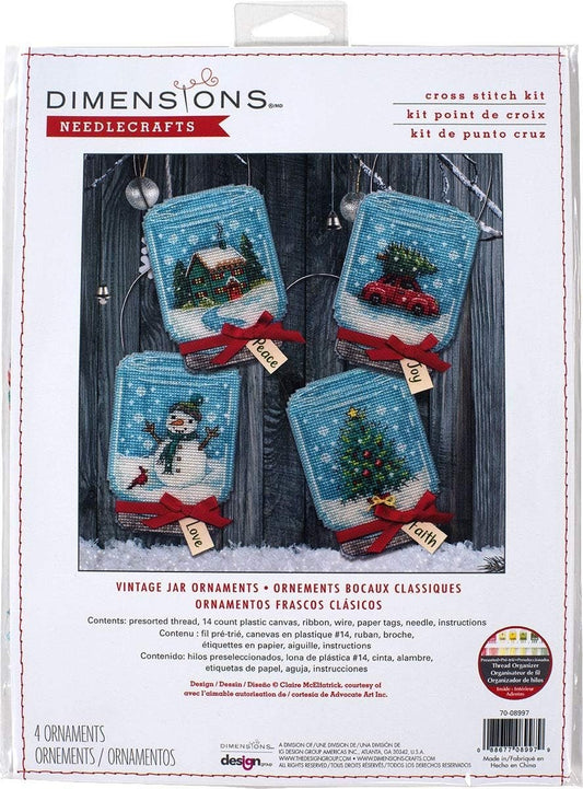 Dimensions 70-08997 Holiday Jar Christmas Ornament Cross Stitch Kit, 3" x 7", 14 Count Clear Plastic Canvas, Various