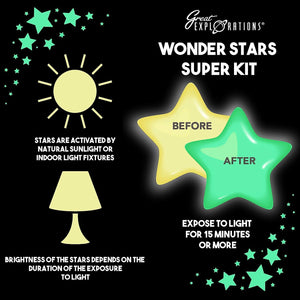 Great Explorations | Wonder Stars Super Kit Glow in The Dark Ceiling Stars 150Piece in 4 Sizes Reusable Adhesive Putty & Constellation Star Map Lifetime Glow Guarantee Green