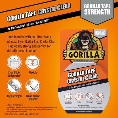 Gorilla Crystal Clear Repair Duct Tape, 1.88” x 9 yd, Clear, (Pack of 1)