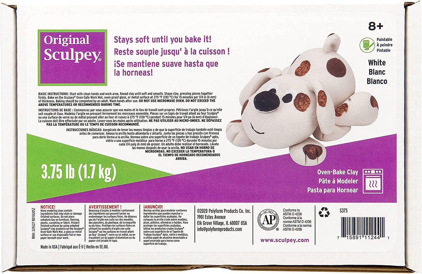 Original Sculpey White, Non Toxic, Polymer clay, Oven Bake Clay, 3.75 pounds great for modeling, sculpting, holiday, DIY and school projects. Great for all skill levels
