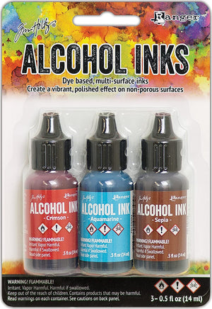 Ranger -Crimson/Aquamarine/Sepia Tim Holtz Alcohol Ink .5oz 3/Pkg, 0.5 oz, Blue