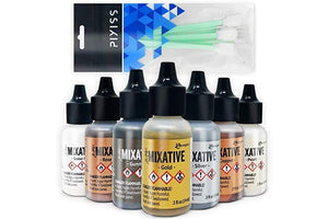 Ranger Tim Holtz Alcohol Ink Mixatives Bundle - All 7 Colors, Pearl, Copper, Silver, Gold, Snow Cap, Rose Gold, Gunmetal, 10 Pixiss Precision Ink Blending Tools