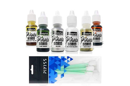 Jacquard Alcohol Inks 6 Pack Bundle, Lime Green, Tangerine, Rich Gold, Silver, Blanco, Sunbright Yellow and 10X Pixiss Ink Blending Tools