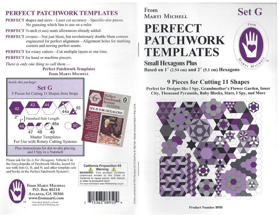 Marti Michell Hexagon Quilting Template Sets - 2 Items: Template Set H, Large Hexagons Plus and Template Set G, Small Hexagons Plus - Part of The Marti Michell Perfect Patchwork System for Quilting