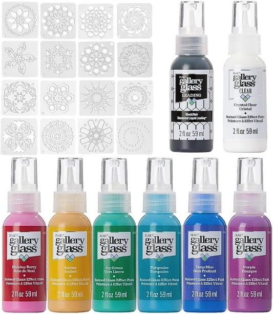Gallery Glass (2 fl oz Jewel Tones) and 16 Pixiss Stencils for Crafts - Stained Glass Paint and Liquid Leading for Faux Stained Glass Painting with Paint Stencils for Spray Paint, Drawing, etc