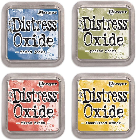 Ranger Tim Holtz Distress Oxide Bundle of 4 Ink Pads: Faded Jeans, Peeled Paint, Fired Brick, Fossilized Amber
