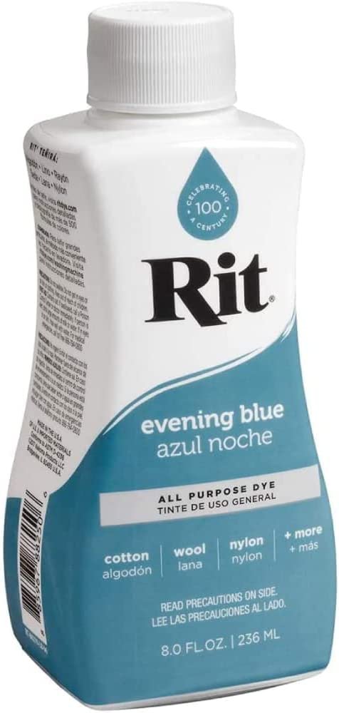 Rit Dye Liquid Evening Blue All-Purpose Dye 8oz, Pixiss Tie Dye Accessories Bundle with Rubber Bands, Gloves, Funnel and Squeeze Bottle