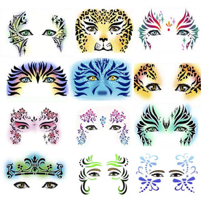 Face Paint Stencils by Pixiss 13 Pack Kit Large Reusable Face Painting Stencils for Facepainting, Tattoo Templates, Halloween Makeup Stencil with 10 Painting Brushes Nylon Round and Pointed Brush Set