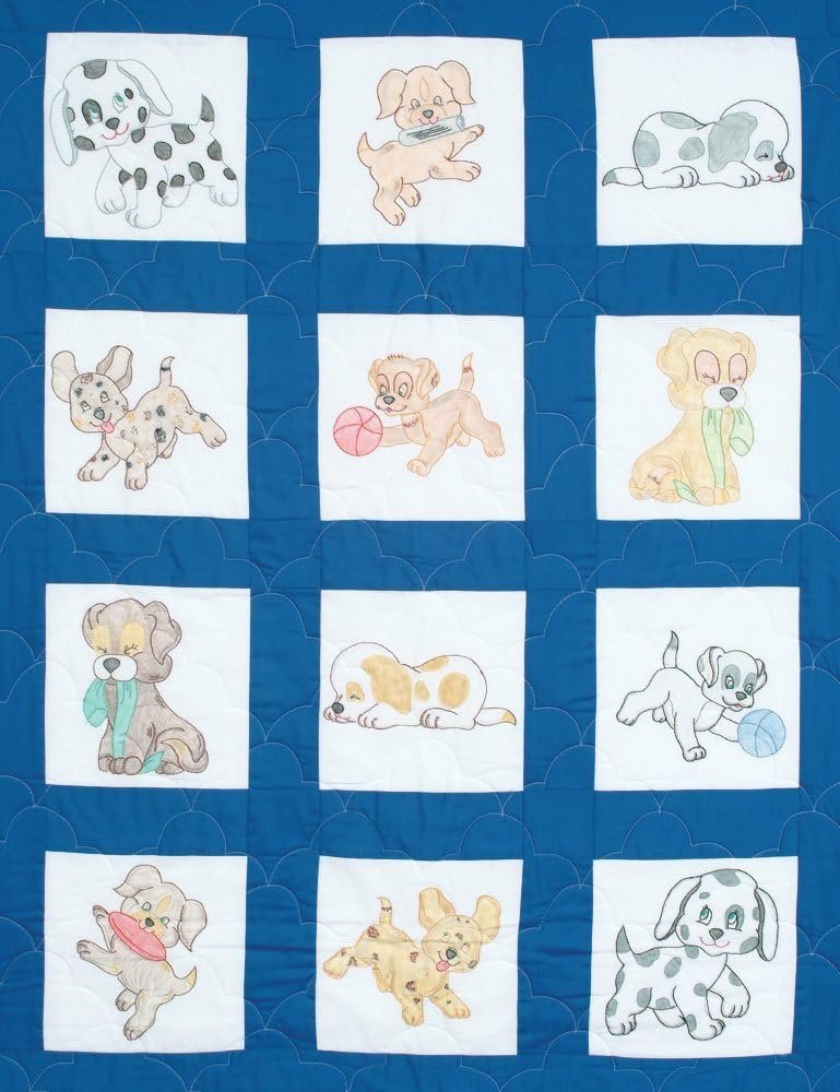 Jack Dempsey Stamped White Nursery Quilt Blocks 9"X9" 12/Pkg, Puppies