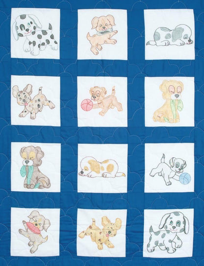 Jack Dempsey Stamped White Nursery Quilt Blocks 9"X9" 12/Pkg, Puppies