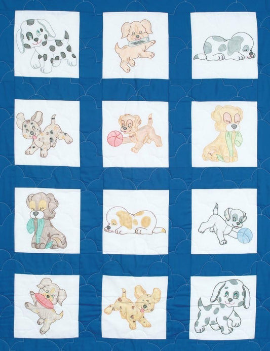 Jack Dempsey Stamped White Nursery Quilt Blocks 9"X9" 12/Pkg, Puppies