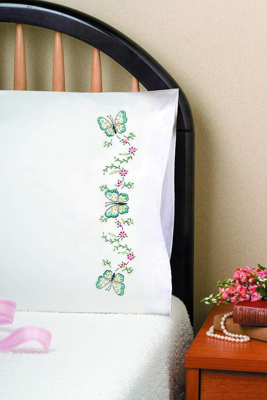 Design Works Crafts Stamped Embroidery Aqua Butterfly Pillowcases (Set of 2), 20 by 30", Blue