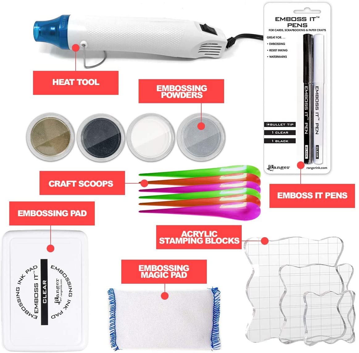 Embossing Kit with Heat Tool Bundle, Embossing Powder, Emboss-it Pens, Embossing Ink Pad, Embossing Magic Pad, 3X Acrylic Stamp Blocks, Craft Scoops