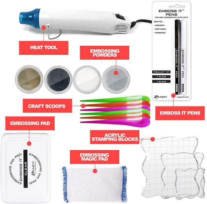 Embossing Kit with Heat Tool Bundle, Embossing Powder, Emboss-it Pens, Embossing Ink Pad, Embossing Magic Pad, 3X Acrylic Stamp Blocks, Craft Scoops