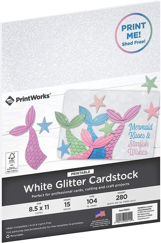 Printworks Printable White Glitter Cardstock, Perfect for Holiday School and Craft Projects, 15 Sheets, 8.5” x 11” (00514)