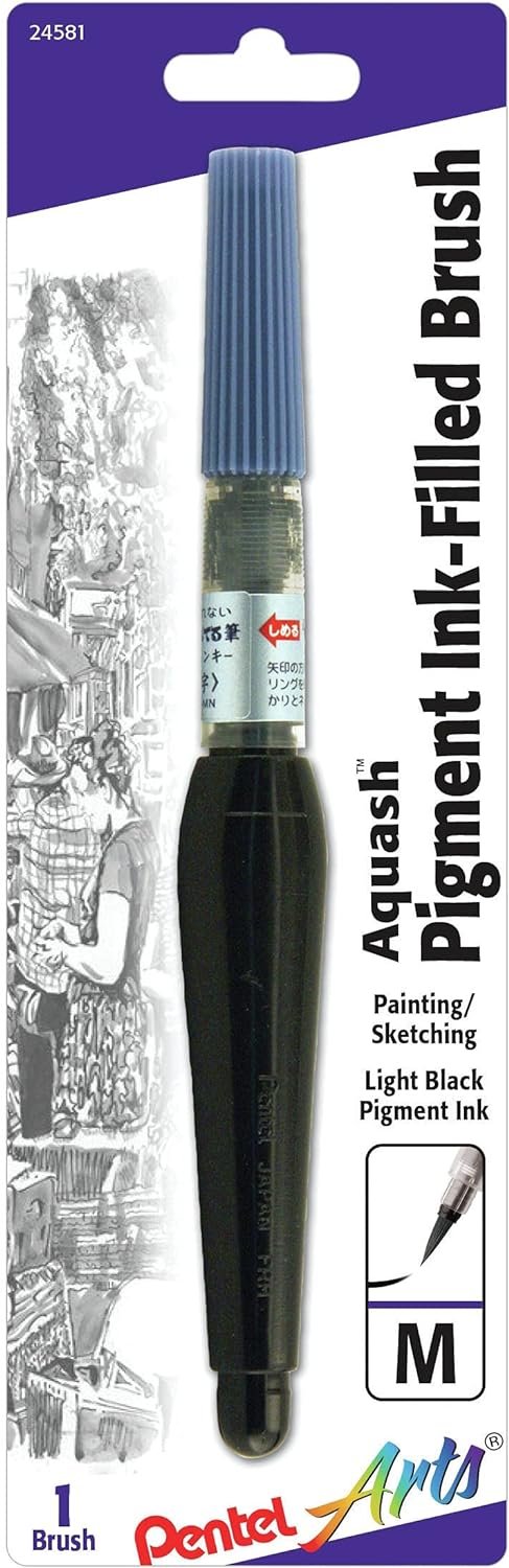 Pentel Arts Aquash Pigment Ink Brush, Light Black Ink, Pack of 1 (FRHMNBPA), medium