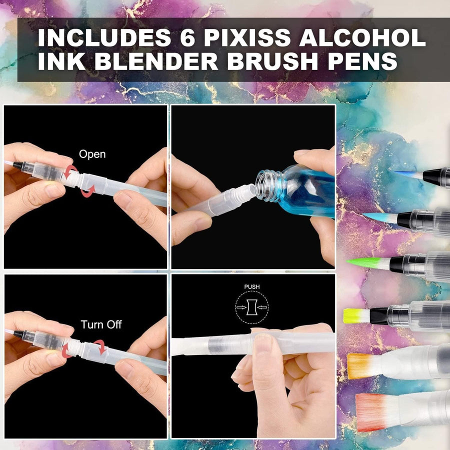 Alcohol Ink Blending Solution - Pixiss Blending Solution 4-Ounce, Alcohol Ink Supplies 6 Pixiss Blending Brush Pens…