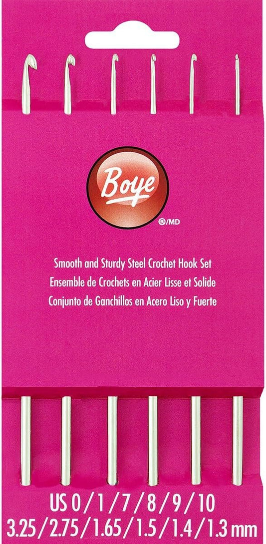 Boye 3396276STSM Steel Crochet Hook Set, US Sizes 0, 1, 7, 8, 9, 10, Silver