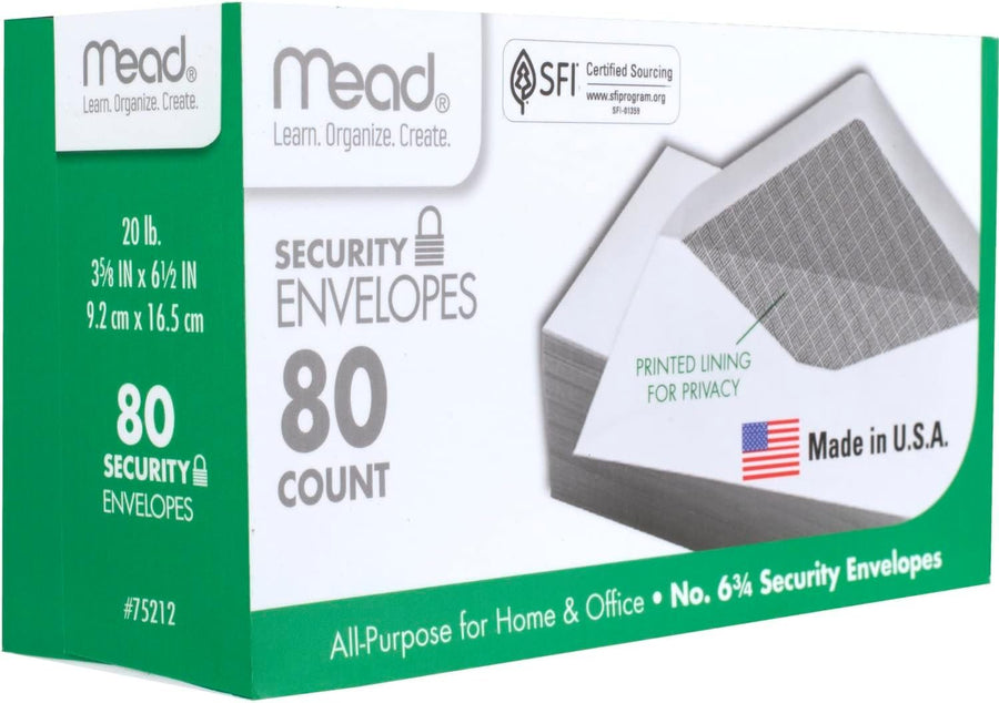 Mead #6-3/4 Envelopes, Security Printed Lining for Privacy, Gummed Closure, 3-5/8" x 6-1/2", All-Purpose 20-lb Paper, White, 80 per Box (75212)