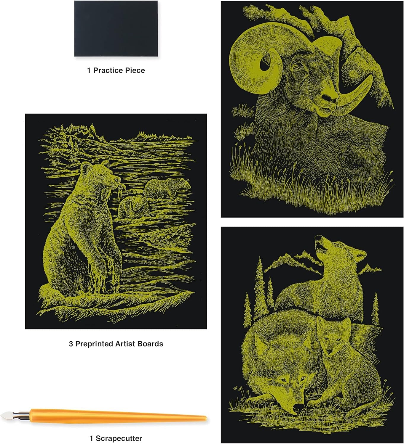 Royal & Langnickel Foil Engraving Art Kit Value Pack 8.75"X11.5", Gold - Grizzly Bears, Rams & Wolves