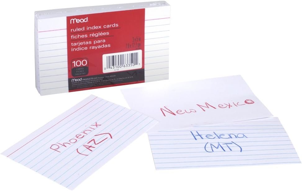 Mead Lined Index Cards, Note Cards, Ruled, 100 Count, 3" x 5", White (63350)