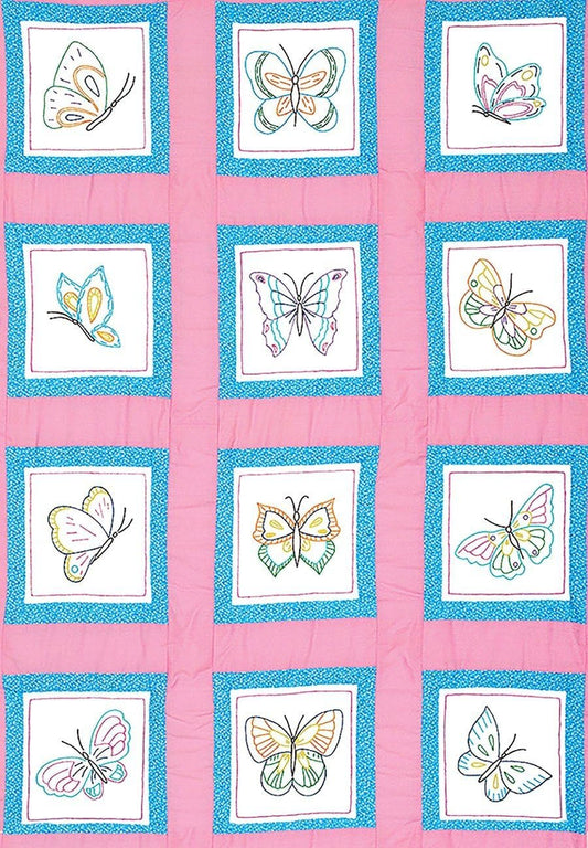 Jack Dempsey Themed Stamped White Quilt Blocks, 9-Inch by 9-Inch, Butterflies, 12-Pack